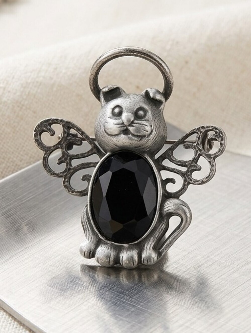 Vintage Silver-Tone Cat Brooch with Black Glass Stone